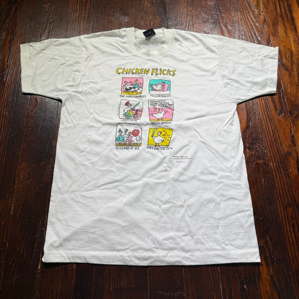 Vintage 90s Chicken Flicks Shirt Men L White Movie Parody USA Screen Stars Funny
